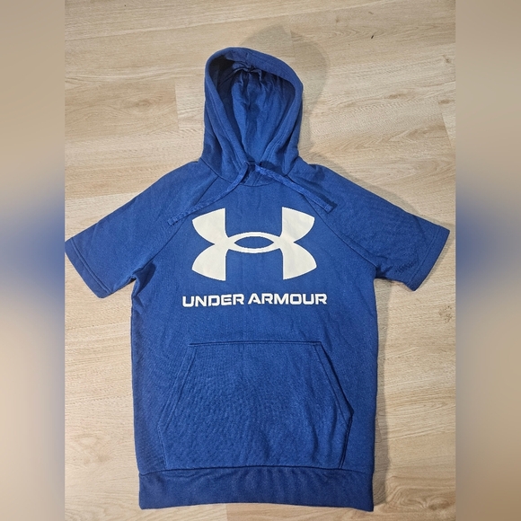 Under Armour Short Sleeve Hoodie Athletic Sweatshirt Logo Graphic Blue Size S - Picture 2 of 6